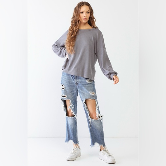 New Gilli Waffle Knit Long Sleeve Back Wrap Cut-Out Vintage Denim Style Top - Picture 2 of 5